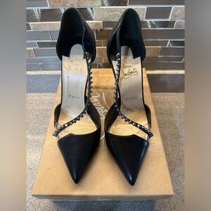Authentic Christian Louboutin Black Leather Spike Cross Pumps 100 KID/PVC